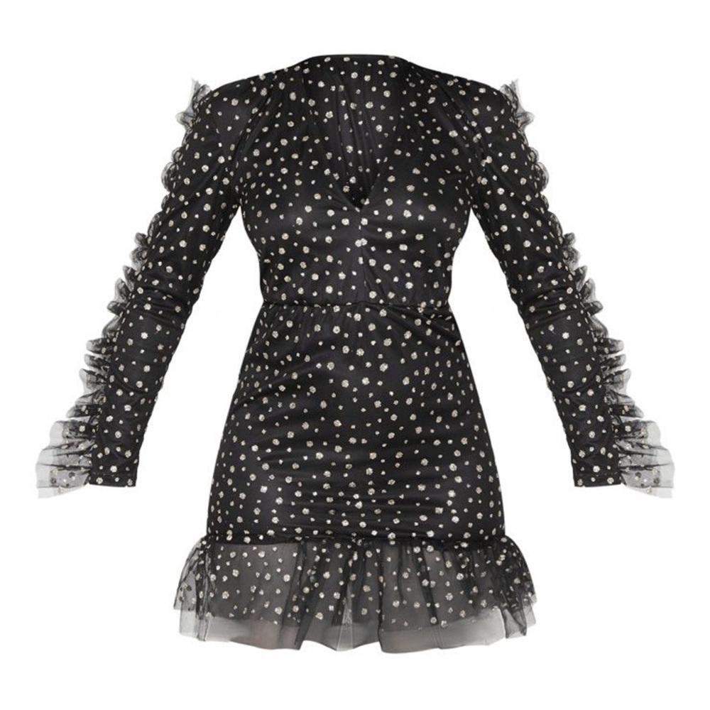 PrettyLittleThing Black and Gold Polka Dot Mini Dress - Picture 2 of 8